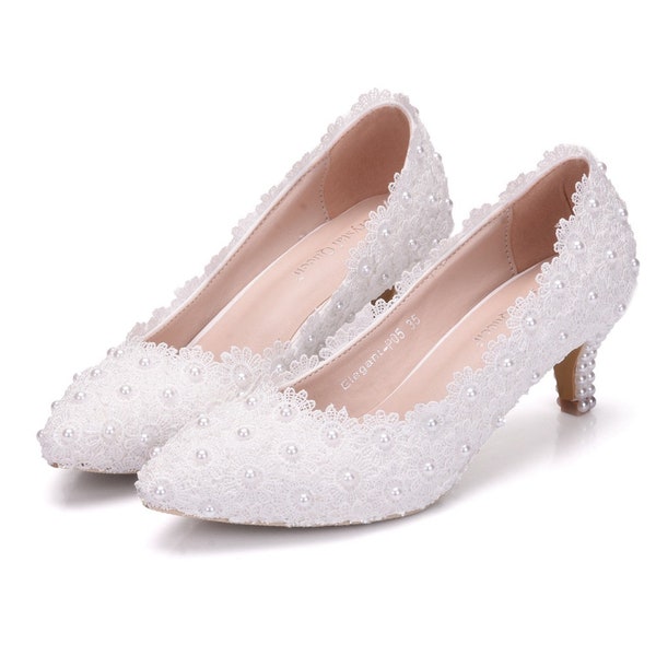 Lace Elegant any occasion shoes: Stiletto Mid-Heel Wedding Shoes variety of colors comfortable feel any occasion low heel stiletto bride