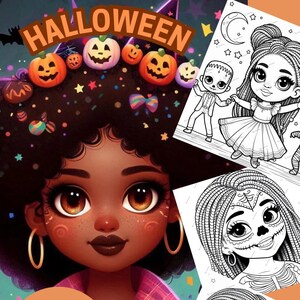 May include: A Halloween-themed coloring book featuring a cartoon illustration of a girl with pumpkins in her hair. The cover includes the text "HALLOWEEN" and "22 coloring pages". Inside are black and white illustrations of Halloween characters.