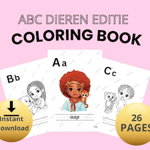 Puede incluir: Un libro para colorear con el texto "ABC DIEREN EDITIE COLORING BOOK" sobre un fondo rosa. El libro presenta ilustraciones de niños y animales, con las letras A, B y C. Incluye el texto "Instant Download" y "26 PAGES".