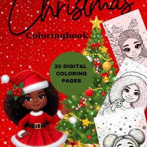 May include: A digital Christmas coloring book cover with a red glitter background. The cover features a cartoon girl in a Santa outfit, a decorated Christmas tree, and sample coloring pages. Text reads "Merry Christmas Coloringbook" and "20 Digital Coloring Pages."