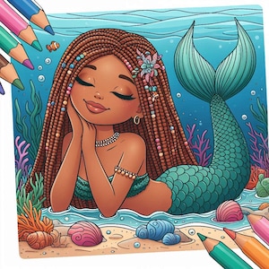 May include: A cartoon illustration of a mermaid with brown skin, long brown hair with colorful beads, and a green tail. She is wearing a green top and has her hand on her chin. The mermaid is surrounded by seaweed and seashells.