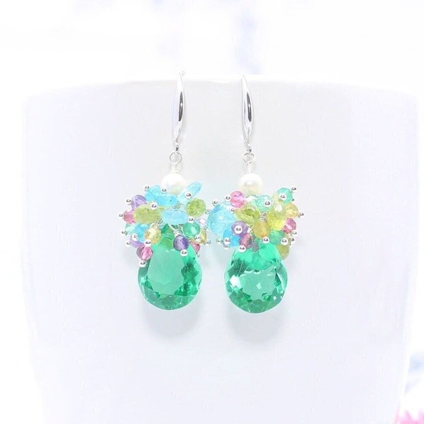 Tropical Garden-Inspired Emerald Crystal, Gemstone, and Freshwater Pearl Cluster Dangle Earrings, Sterling Silver