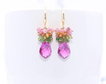 Nature-Inspired Colorful Watermelon Tourmaline and Magenta Glass Gemstone Cluster Dangle Earrings, 14k gold filled, Gift for her