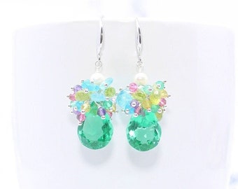 Tropical Garden-Inspired Emerald Crystal, Gemstone, and Freshwater Pearl Cluster Dangle Earrings, Sterling Silver