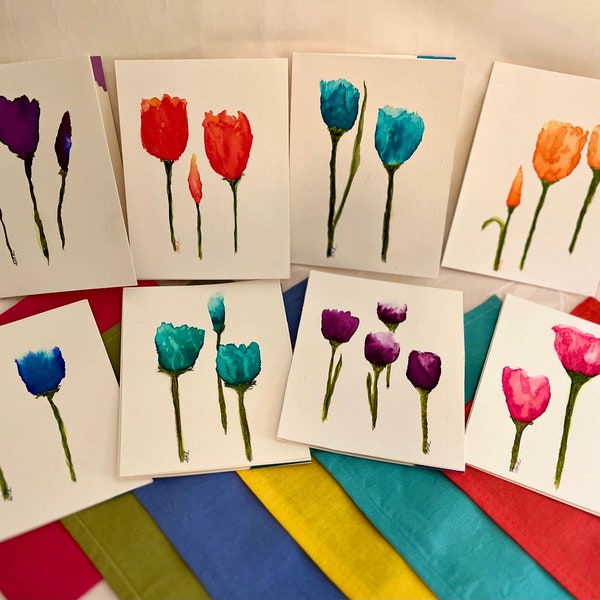 Tulips are in bloom, original watercolor painting blank greeting cards
