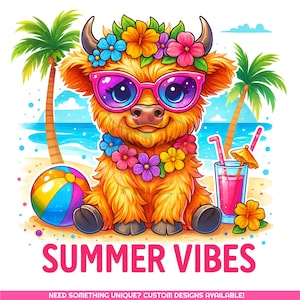 Summer Vibes PNG | Highland Cow Beach Design | Tropical Floral Cow Sublimation | Cute Beach Cow with Sunglasses Shirts | Digital Download