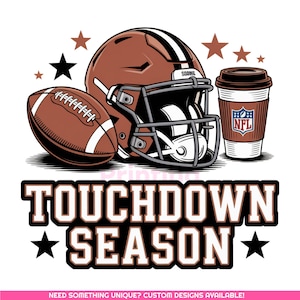 Temporada de touchdown de fútbol PNG / Mamá de fútbol PNG / Diseño de camiseta de mamá de fútbol de otoño / Casco de fútbol y taza de café Png / Descarga digital