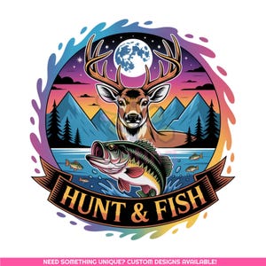 Hunt and Fish PNG | Deer and Bass Fishing Sublimation Design | Outdoor Wildlife Clipart for TShirt | Camping Gear & Gifts | Digital Download