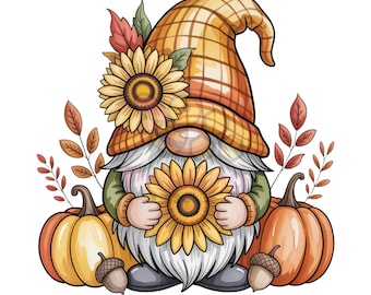 Fall Gnome PNG: Sunflower Pumpkin Clipart - Thanksgiving Sublimation (Digital File)