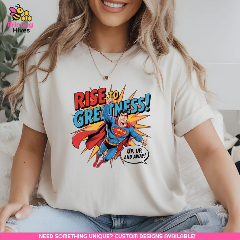 superman png, hero comic art, rise to greatness, flying hero clipart, superhero shirt art, red blue suit png, justice hero file, hero pose graphic, man of steel art, comic book design, up up away quote, vintage hero shirt, cape flying png