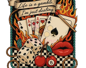 Vintage Tattoo Casino Design PNG: Dice, Cards, Flame (Digital Download)