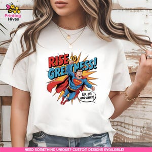 superman png, hero comic art, rise to greatness, flying hero clipart, superhero shirt art, red blue suit png, justice hero file, hero pose graphic, man of steel art, comic book design, up up away quote, vintage hero shirt, cape flying png