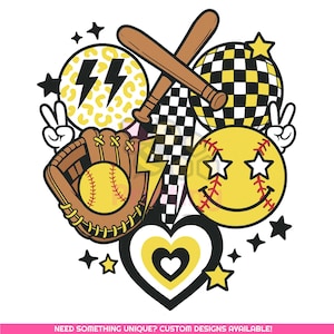 Retro Softball PNG | Yellow Aesthetic Pop Art with Lightning Smiley | Softball Checkerboard Design | Softball Game Lover | Digital Download