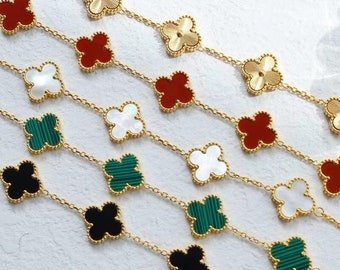 18K Gold-Plated Four Leaf Clover Jewelry Ensemble - Inspired by Van Cleef Alhambra Mother of Pearl - Necklace, Bracelet, and Earrings Set