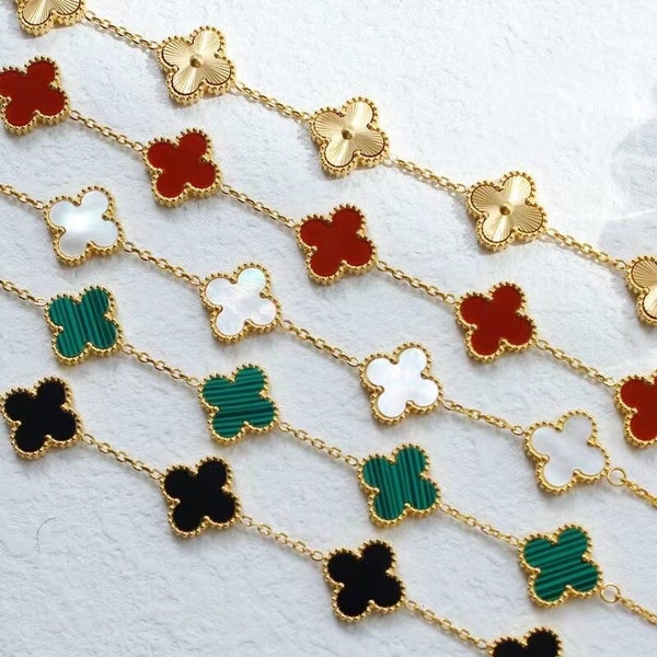 18K Gold-Plated Four Leaf Clover Jewelry Ensemble - Inspired by Van Cleef Alhambra Mother of Pearl - Necklace, Bracelet, and Earrings Set