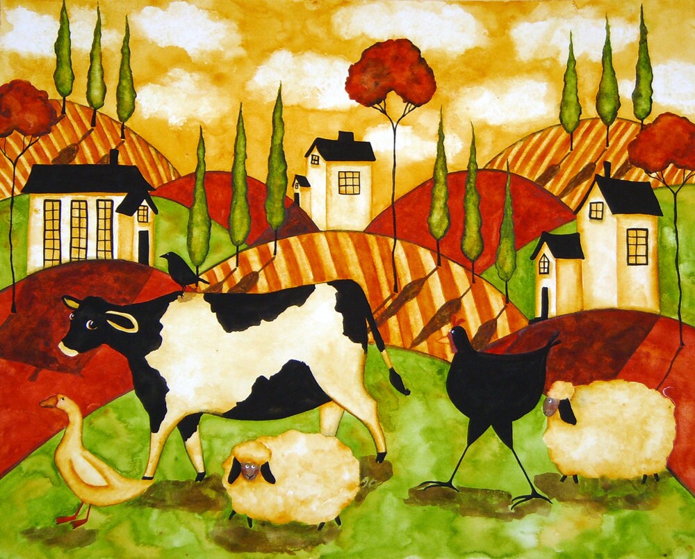Farmhouse Hubbs Children Art Folk Prints Farm Animals Cow Sheep Goose
