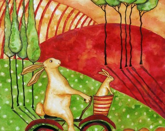 Farmhouse Debi Hubbs Folk Art Rabbit Bunny Bike Italian Farm Tuscan Country Animals Bicycle Farmhouse