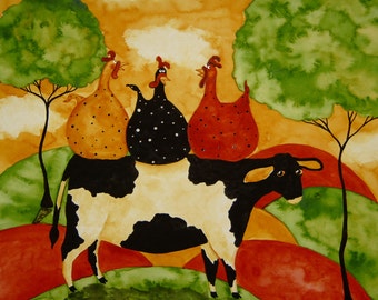 Farmhouse Hubbs Art Folk Prints Farm Animals Cow Chickens Country Whimsical