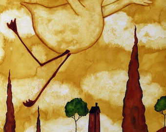 Puede incluir: Una pintura de acuarela de un ganso blanco volando en un cielo amarillo con una bufanda de lunares negros y blancos. El ganso está volando sobre un paisaje verde y marrón con árboles y una pequeña casa roja.
