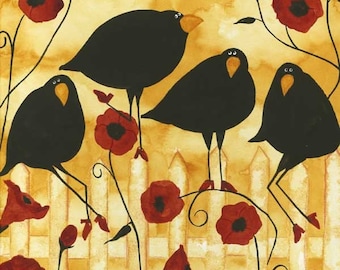 Farmhouse Poppy Flowers Crow Blackbird Raven Debi Hubbs Folk Art Whimsical Garden