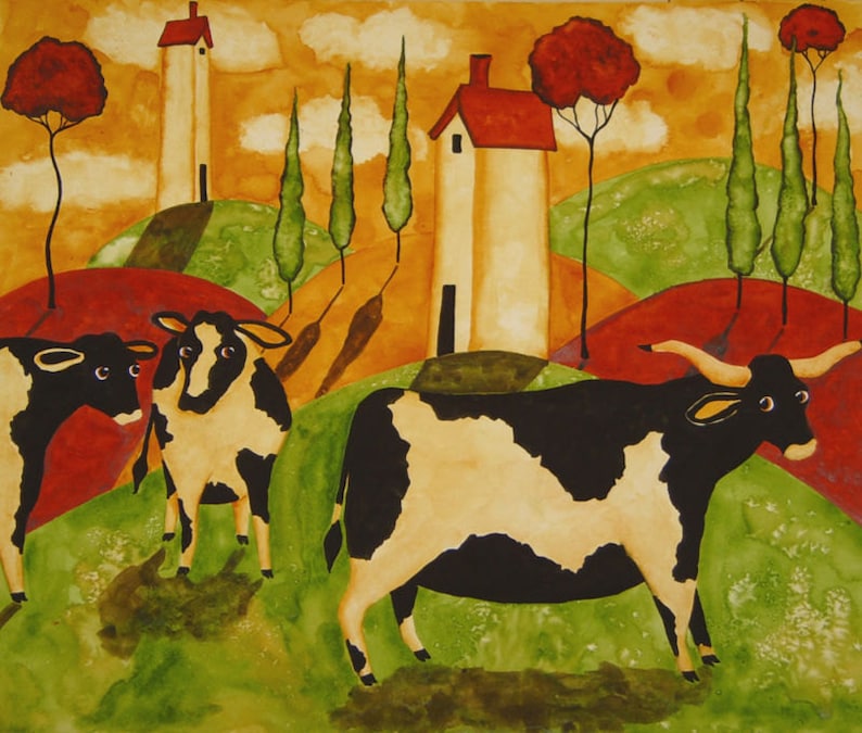 Farmhouse Hubbs Art Folk Prints Whimsical Farm Animal Cows Bull Etsy