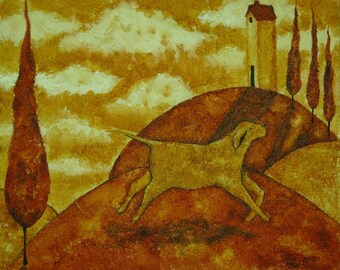 Farmhouse Hubbs Art Folk Prints Whimsical Italian Yellow Dog Pets Tuscan Landscape