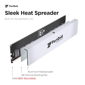 K&ouml;nnte beinhalten: Ein wei&szlig;er RAM-K&uuml;hlk&ouml;rper aus Aluminium mit dem PartZoid-Logo, einem 3M-W&auml;rmeleitpad und einem schwarzen RAM-Modul. Der Text lautet PartZoid, Sleek Heat Spreader, Built for the aesthetic win, Aluminum Heatspreader, 3M Thermal Bonding Pad, RAM (NOT INCLUDED).