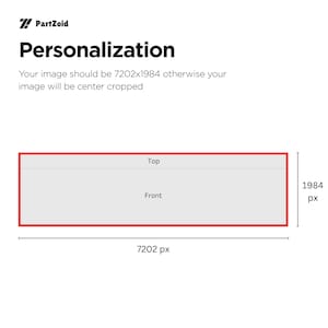 K&ouml;nnte beinhalten: Eine rechteckige Grafikvorlage mit der Bezeichnung PartZoid Personalization. Sie zeigt ein gro&szlig;es Rechteck mit rotem Rand, das in einen oberen Bereich mit der Beschriftung Top und einen gr&ouml;&szlig;eren unteren Bereich mit der Beschriftung Front unterteilt ist.