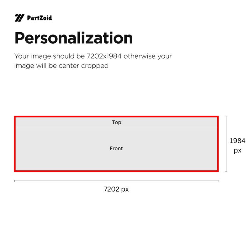 K&ouml;nnte beinhalten: Eine rechteckige Grafikvorlage mit der Bezeichnung PartZoid Personalization. Sie zeigt ein gro&szlig;es Rechteck mit rotem Rand, das in einen oberen Bereich mit der Beschriftung Top und einen gr&ouml;&szlig;eren unteren Bereich mit der Beschriftung Front unterteilt ist.