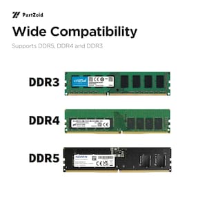 K&ouml;nnte beinhalten: Drei Computer-RAM-Speichermodule mit der Beschriftung DDR3, DDR4 und DDR5. Die DDR3- und DDR4-Module haben gr&uuml;ne Leiterplatten, w&auml;hrend das DDR5-Modul eine schwarze Leiterplatte hat. Der Text umfasst PartZoid, Wide Compatibility und Supports DDR5, DDR4 and DDR3.
