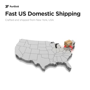 K&ouml;nnte beinhalten: Eine Grafik mit dem PartZoid-Logo, dem Text Fast US Domestic Shipping und dem Text Crafted and shipped from New York, USA. Unter dem Text befindet sich eine graue 3D-Karte der Vereinigten Staaten mit einem braunen Karton &uuml;ber der Nordostregion.