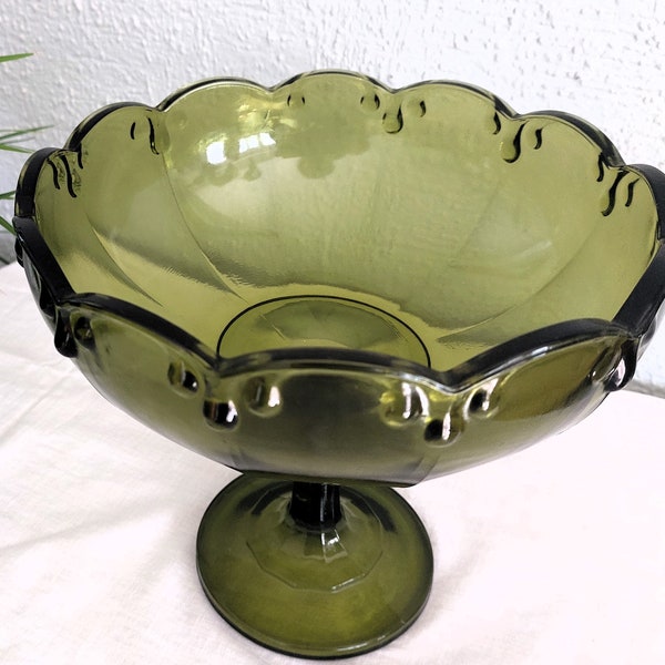 COMPOTIER en verre VERT - vintage - verre olive - sur pied - coupe à fruits