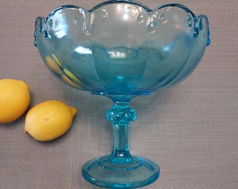 COMPOTIER en verre BLEU - vintage - turquoise - sur pied - coupe à fruits