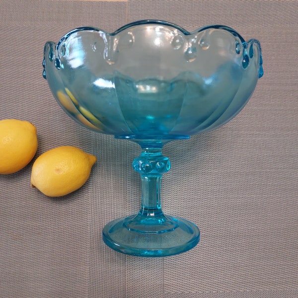 COMPOTIER en verre BLEU - vintage - turquoise - sur pied - coupe à fruits