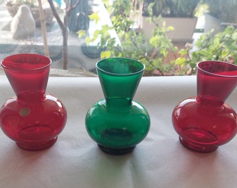 MURANO - Lot 3 vases - Rouge rubis et Vert émeraude - Vintage - Design pur et intemporel