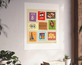 May include: A framed print featuring nine colorful postage stamp designs. The stamps depict various images, including a crab, a sailboat, and the words "Old Bay." Other stamps feature the text "Jackson 8" and "Natty Boh."