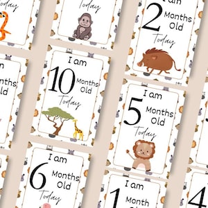 12 cartes jalons bébé animal, 4 x 6 pouces cartes mensuelles imprimables, cadeaux de baby shower, accessoires photo jalons bébé, cartes unisexes Safari animal