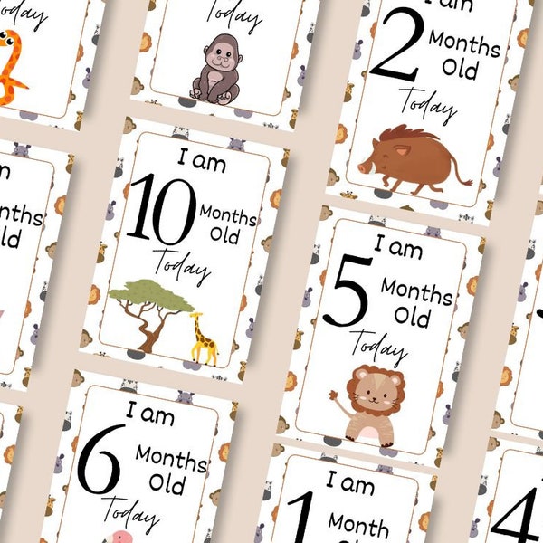 12 Animal Baby Milestone Cards, 4x6in Printable Monthly Cards, Baby Shower Gifts, Photo Prop Baby Milestones, Animal Safari Unisex Cards