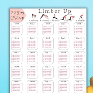 30 Day Challenge Stretching Guide, Daily stretch program Fitness Challenge Printable Exercise Planner, workout challenge yoga at home