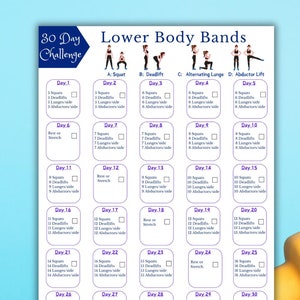 May include: A 30-day lower body workout challenge with a grid of 30 squares. Each square represents a day and lists the number of squats, deadlifts, lunges, and abductor lifts to perform. The exercises are illustrated with stick figures.