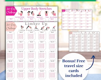 Paquete de programa de estiramiento, guía de ejercicios de desafío de 30 días, estiramiento de cuello y hombros, plan de entrenamiento imprimible para hacer ejercicio en casa, yoga en casa