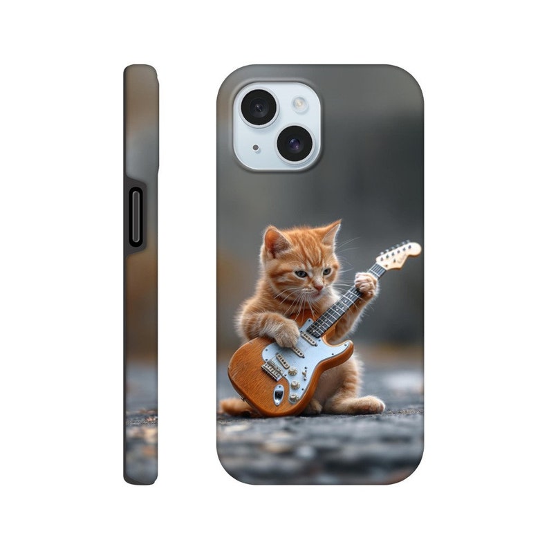 Cute Cat Playing Electric Guitar Hardshell Case: Sturdy Cover Featuring a Musical Kitten, Red-Brown Kitty with Fender Stratocaster Case iPhone 15