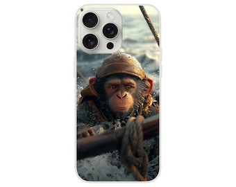 Custodia flessibile per telefono Monkey Sailor, Scimpanzé su una nave a vela, Cover per telefono nautico con barca a vela e primate, Protezione mobile