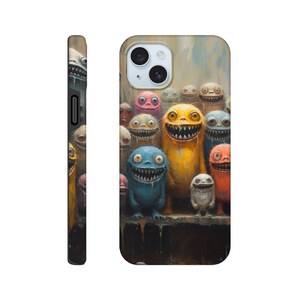 May include: A phone case with a colorful illustration of a group of cartoon monsters with toothy grins. The monsters are various shades of blue, yellow, red, pink, and green. The case has a black background and a camera cutout.