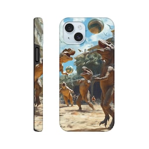 Sportieve dinosaurussen spelen volleybal harde schaal, telefoonhoesje met balspelende dino's, Tyrannosaurus Rex telefoonhoes beschermhoes