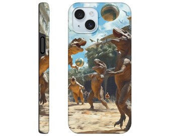 Sporty Dinosaurs Playing Volleyball Hard Case, T-Rex Phone Cover, Protective Dinosaur Cellphone Shell with Volleyball-Playing Dinosaurs