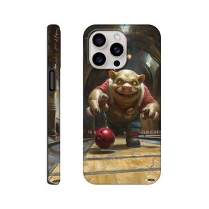 Sportlicher Ork spielt Bowling Hartschalen-Case, robuste Handyhülle mit lustigem Troll auf Kegel-Bahn, Monster rollt Kugel  Handycover