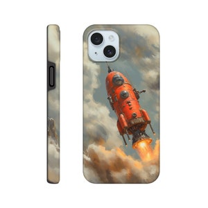 Harde hoes met rode raket, UFO-telefoonbescherming, ruimteschip vliegt de bergen op, telefoonhoesje, wolken met ruimteschip-telefoonhoes