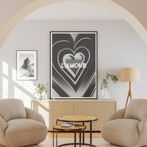 French Wall Art Black&White Home Decor Digital Print L&#39;Amour Love BW Heart