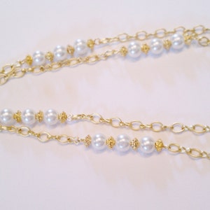 Brushed Gold and Pearl Station 38" Chain Necklace and Earring Set, Handmade